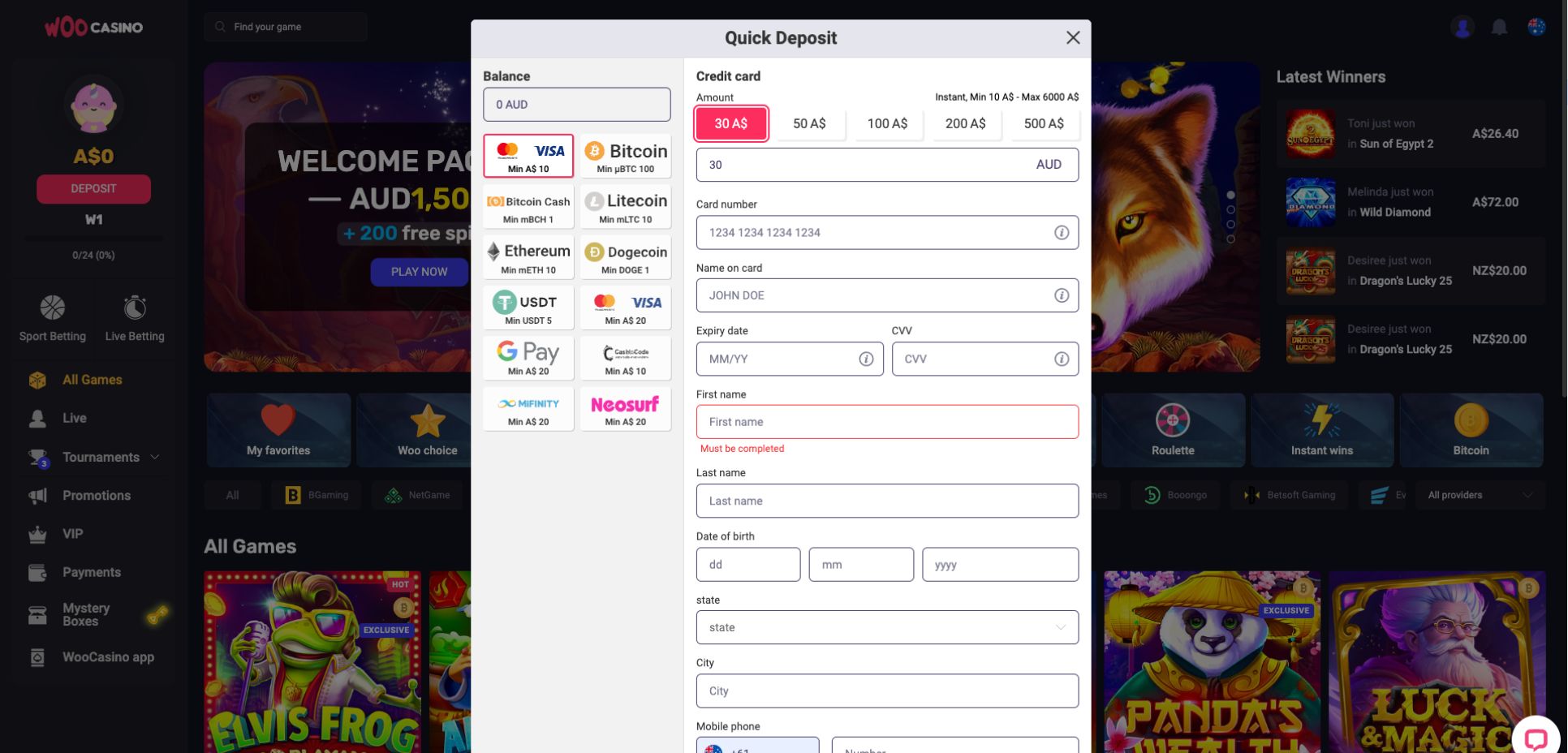 WooCasino Payments Page