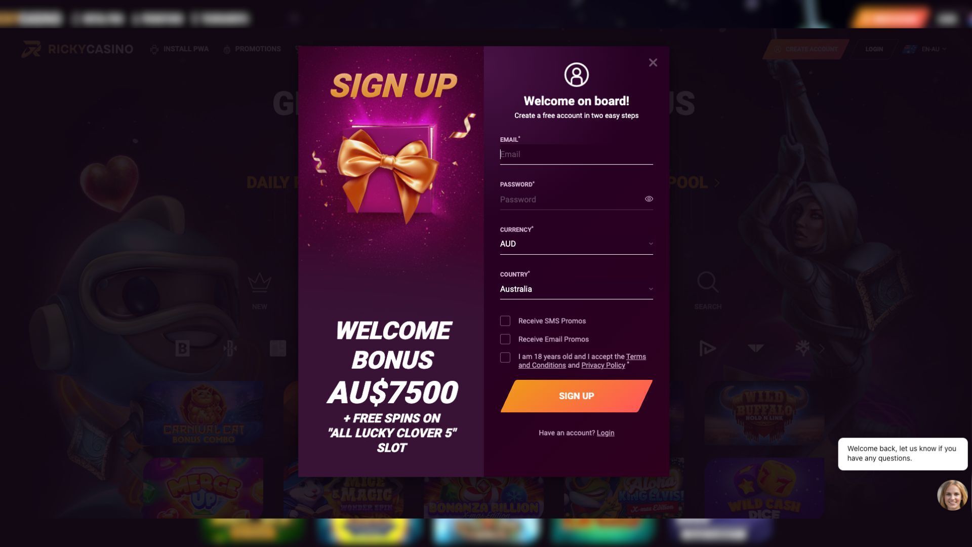 This is a screenshot of the Signup process at Ricky Casino in Australia