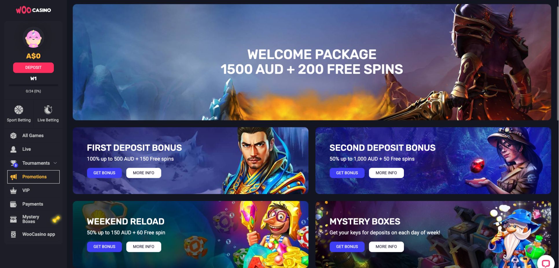 WooCasino Bonuses and Promotions Page
