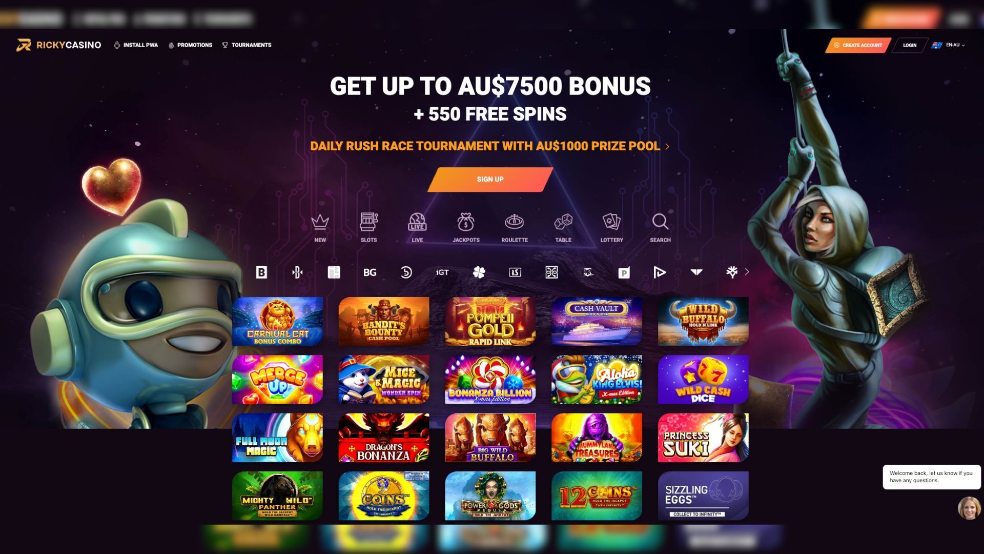 This is a screenshot of the Ricky Casino Home Page in Australia