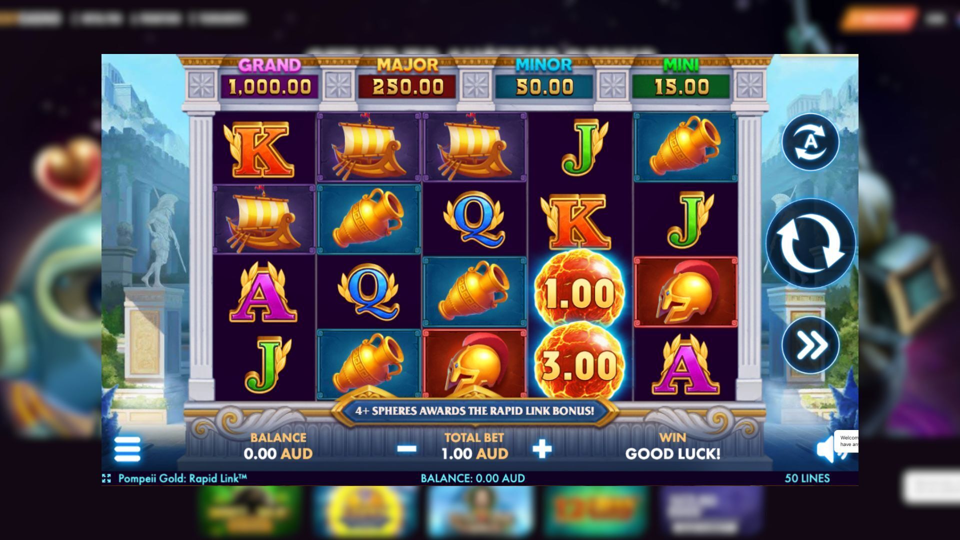 This is a screenshot of the Pompeii Gold Pokies Game at Ricky Casino in Australia