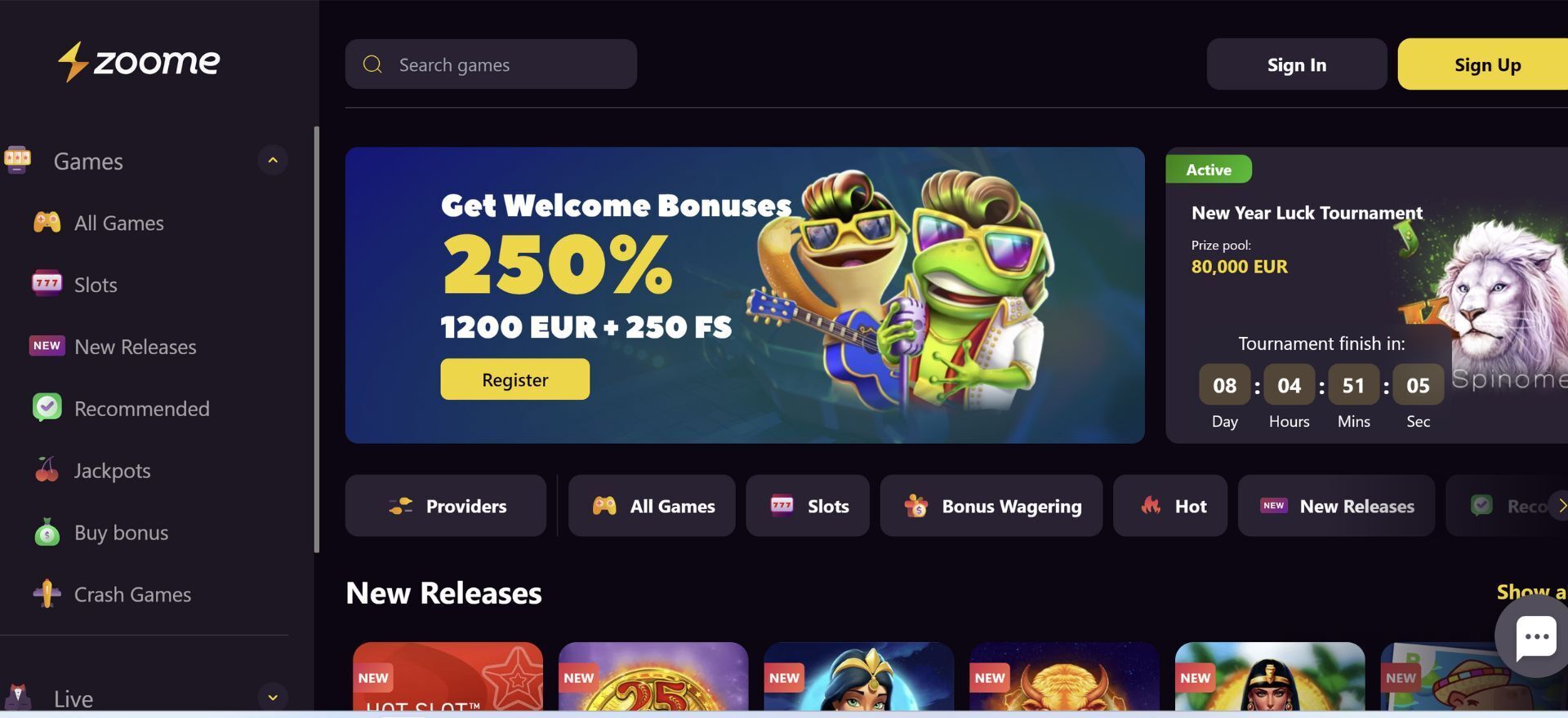 Zoome Casino Welcome Page