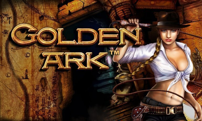 golden ark logo on a brown cave like background with a female character to the right