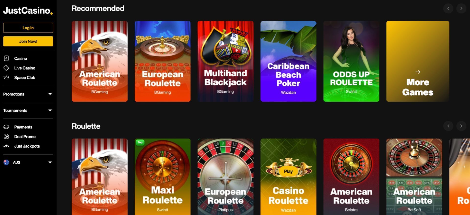 JustCasino Table Games Lobby