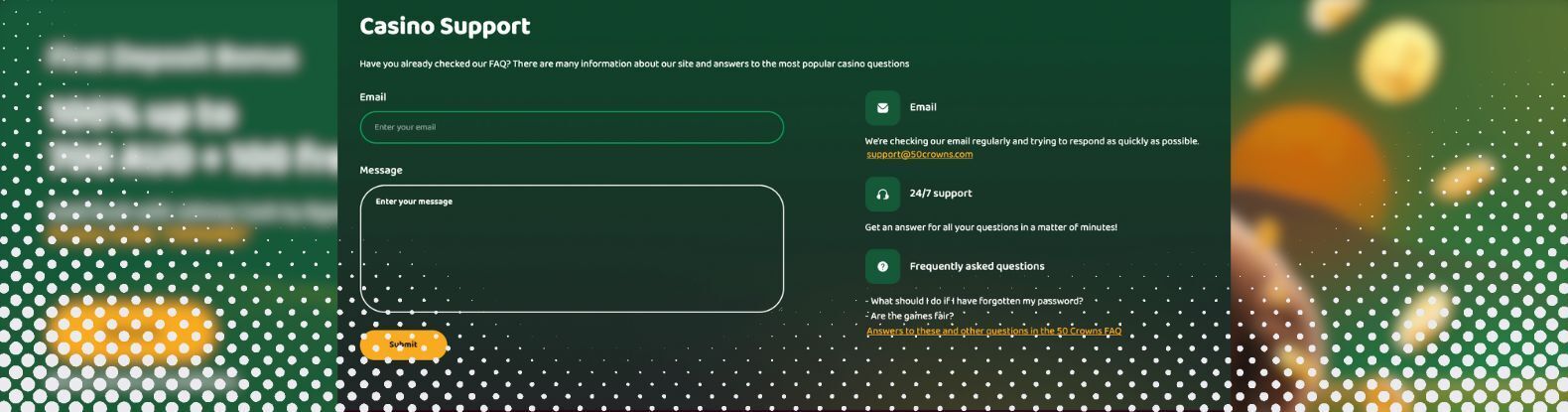 This is a screenshot of Customer Support page at 50 crowns casino
