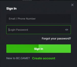 This is a screenshot of the BC.Game Casino sign up process